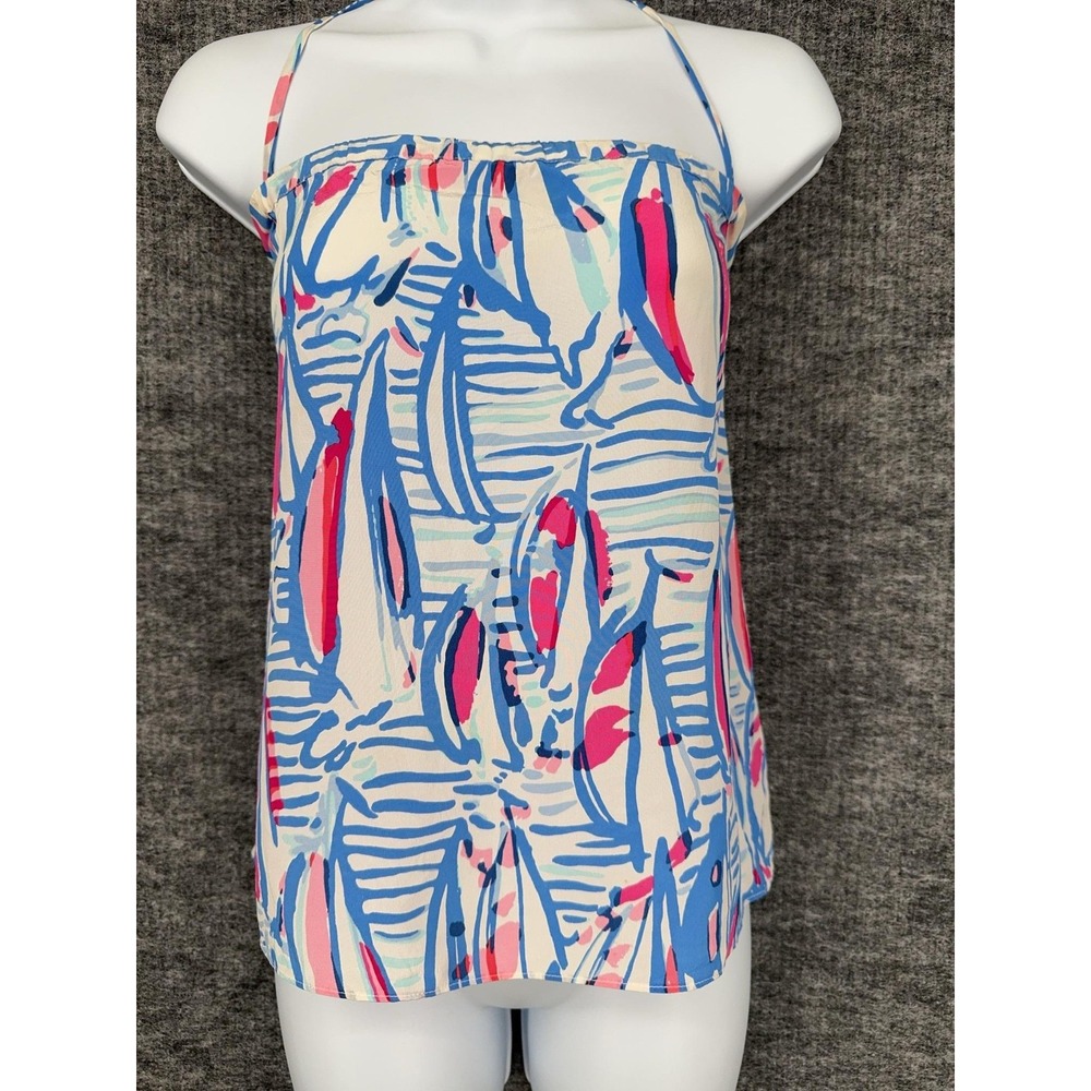 Lilly Pulitzer Top Womens S Blue Pink Halter Silk Square Neck Strappy Tropical - Picture 4 of 10